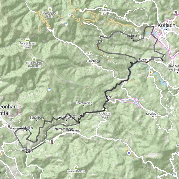 Map miniature of "Maria Lankowitz and Schuchkogel Challenge" cycling inspiration in Steiermark, Austria. Generated by Tarmacs.app cycling route planner