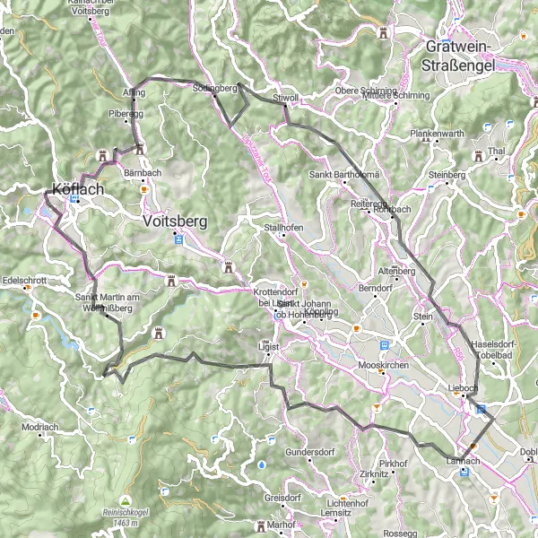 Miniature de la carte de l'inspiration cycliste "Le Tour des Collines de Steiermark" dans la Steiermark, Austria. Générée par le planificateur d'itinéraire cycliste Tarmacs.app