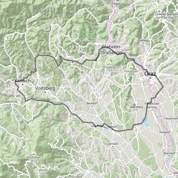 Zemljevid v pomanjšavi "Road Adventure Through Villages" kolesarske inspiracije v Steiermark, Austria. Generirano z načrtovalcem kolesarskih poti Tarmacs.app