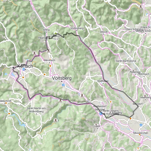 Karten-Miniaturansicht der Radinspiration "Kurze Straßenroute um Maria Lankowitz" in Steiermark, Austria. Erstellt vom Tarmacs.app-Routenplaner für Radtouren
