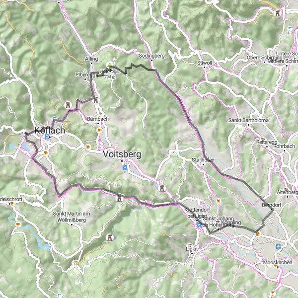 Miniatura della mappa di ispirazione al ciclismo "Passeggiata nella campagna - Maria Lankowitz" nella regione di Steiermark, Austria. Generata da Tarmacs.app, pianificatore di rotte ciclistiche