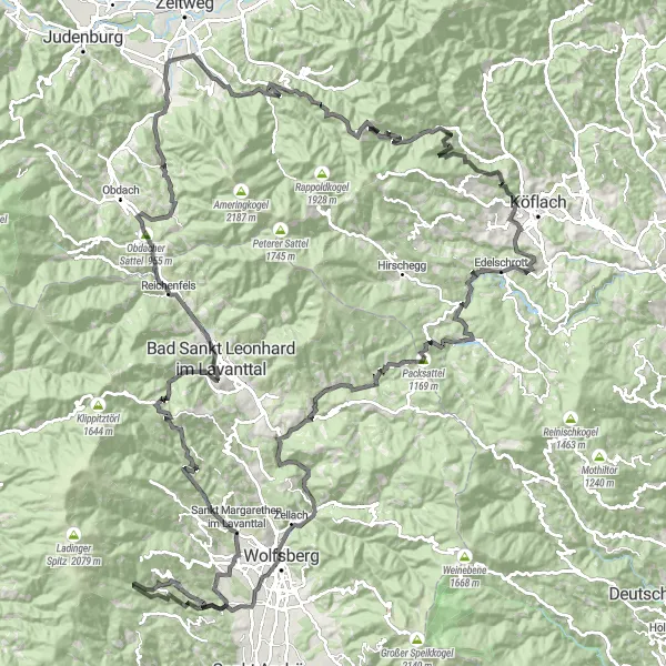 Miniaturní mapa "Náročná cyklotrasa kolem Maria Lankowitz" inspirace pro cyklisty v oblasti Steiermark, Austria. Vytvořeno pomocí plánovače tras Tarmacs.app