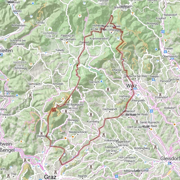 Mapa miniatúra "Off-road trasa Platte-Kogelberg" cyklistická inšpirácia v Steiermark, Austria. Vygenerované cyklistickým plánovačom trás Tarmacs.app