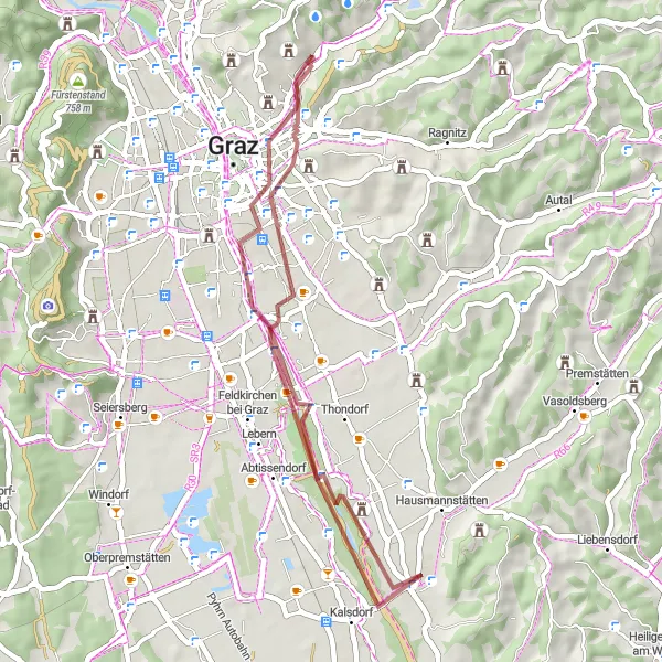 Miniatura della mappa di ispirazione al ciclismo "Giro in bicicletta da Mariatrost a Grazer Burg e ritorno" nella regione di Steiermark, Austria. Generata da Tarmacs.app, pianificatore di rotte ciclistiche