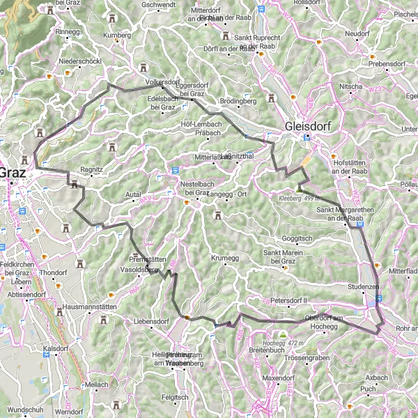 Miniaturekort af cykelinspirationen "Udfordringerne i bakkerne" i Steiermark, Austria. Genereret af Tarmacs.app cykelruteplanlægger