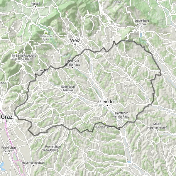 Miniatura della mappa di ispirazione al ciclismo "Emozionante giro in bicicletta da Mariatrost" nella regione di Steiermark, Austria. Generata da Tarmacs.app, pianificatore di rotte ciclistiche