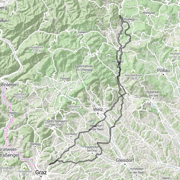 Map miniature of "Mariatrost to Birkfeld Road Cycling Route" cycling inspiration in Steiermark, Austria. Generated by Tarmacs.app cycling route planner