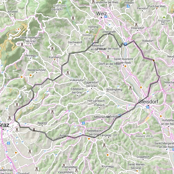 Miniatua del mapa de inspiración ciclista "Ruta de Ciclismo de Carretera de Mariatrost a Rudolfshöhe" en Steiermark, Austria. Generado por Tarmacs.app planificador de rutas ciclistas