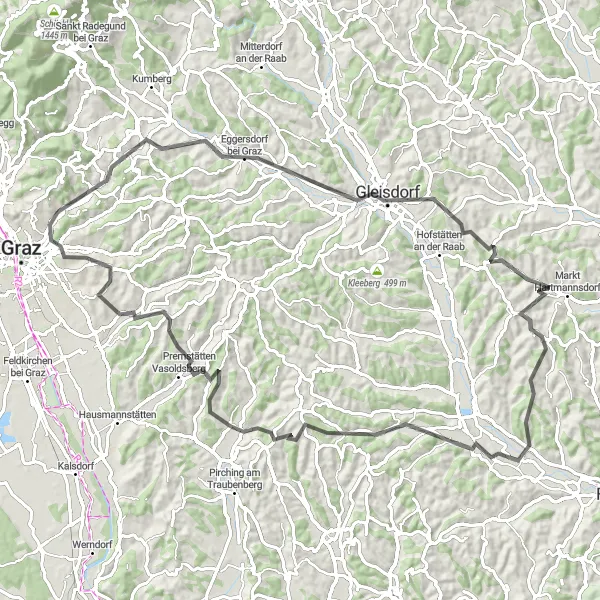 Miniaturní mapa "Cyklotrasa s výhledem na Kogelberg" inspirace pro cyklisty v oblasti Steiermark, Austria. Vytvořeno pomocí plánovače tras Tarmacs.app