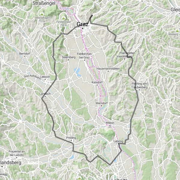 Miniatuurkaart van de fietsinspiratie "Schilderachtige Stravaatjes van Graz" in Steiermark, Austria. Gemaakt door de Tarmacs.app fietsrouteplanner