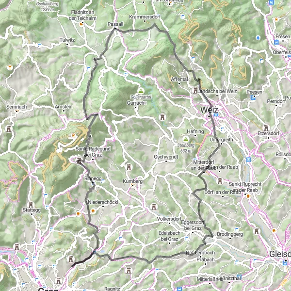 Zemljevid v pomanjšavi "Krožna kolesarska pot preko Hauensteina" kolesarske inspiracije v Steiermark, Austria. Generirano z načrtovalcem kolesarskih poti Tarmacs.app