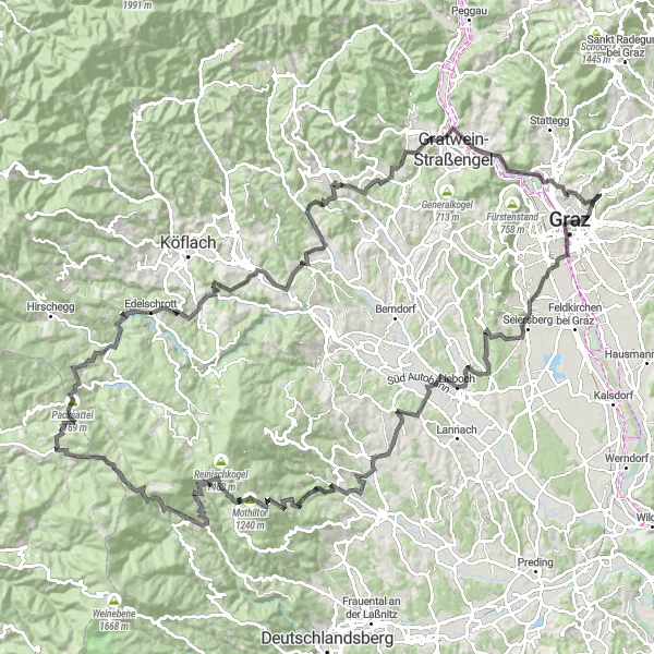 Miniaturní mapa "Náročná cyklistická trasa kolem Mariatrost" inspirace pro cyklisty v oblasti Steiermark, Austria. Vytvořeno pomocí plánovače tras Tarmacs.app