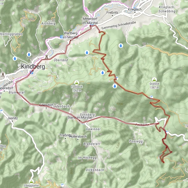 Map miniature of "Mürz Valley Gravel Ride" cycling inspiration in Steiermark, Austria. Generated by Tarmacs.app cycling route planner