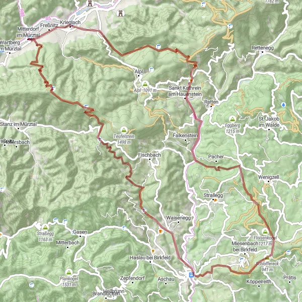 Kartminiatyr av "Utforske Steiermarks Villmark" sykkelinspirasjon i Steiermark, Austria. Generert av Tarmacs.app sykkelrutoplanlegger