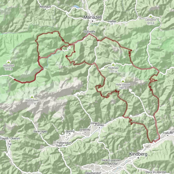 Zemljevid v pomanjšavi "Gravel Adventure" kolesarske inspiracije v Steiermark, Austria. Generirano z načrtovalcem kolesarskih poti Tarmacs.app