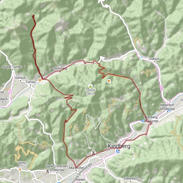 Map miniature of "Gravel Adventure in Mürztal" cycling inspiration in Steiermark, Austria. Generated by Tarmacs.app cycling route planner