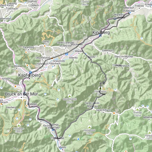 Kartminiatyr av "Mitterdorf im Mürztal til Wartbergkogel" sykkelinspirasjon i Steiermark, Austria. Generert av Tarmacs.app sykkelrutoplanlegger