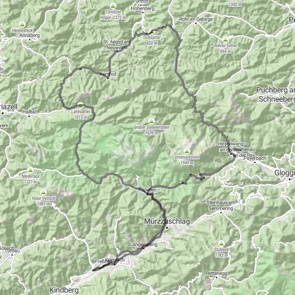Miniatua del mapa de inspiración ciclista "Ruta de ciclismo de carretera por Mürztal" en Steiermark, Austria. Generado por Tarmacs.app planificador de rutas ciclistas
