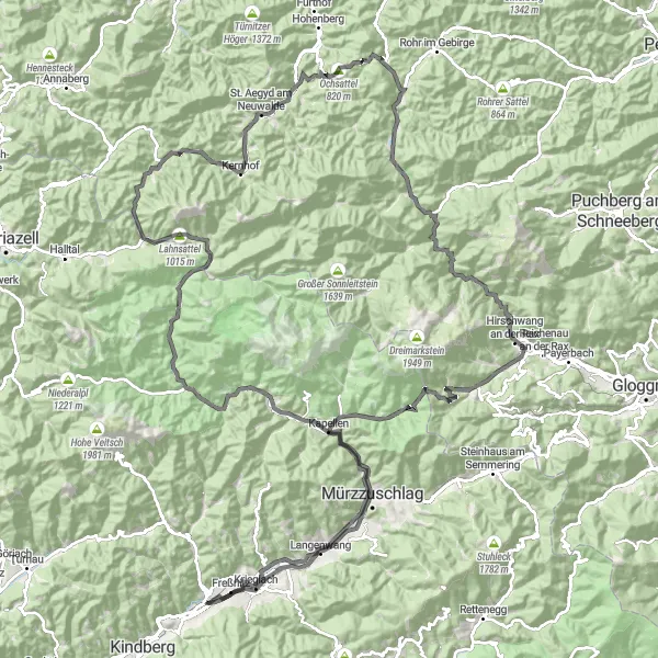 Miniatuurkaart van de fietsinspiratie "Avontuurlijke Mürztal Gravelroute" in Steiermark, Austria. Gemaakt door de Tarmacs.app fietsrouteplanner