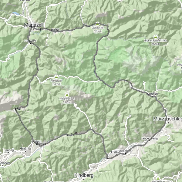 Miniatua del mapa de inspiración ciclista "Ruta escénica en bicicleta por los valles de Mürztal" en Steiermark, Austria. Generado por Tarmacs.app planificador de rutas ciclistas