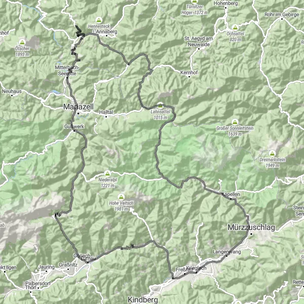 Map miniature of "Mürz Valley Epic Ride" cycling inspiration in Steiermark, Austria. Generated by Tarmacs.app cycling route planner