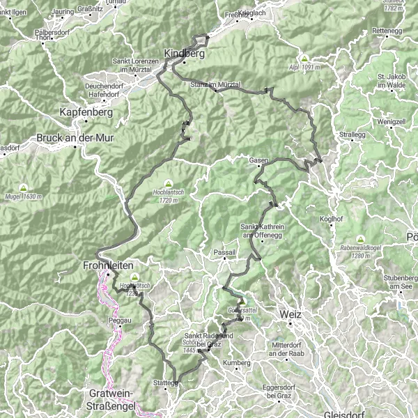 Miniaturní mapa "Okružní cyklistická trasa kolem Mitterdorfu im Mürztal (Steiermark, Rakousko)" inspirace pro cyklisty v oblasti Steiermark, Austria. Vytvořeno pomocí plánovače tras Tarmacs.app