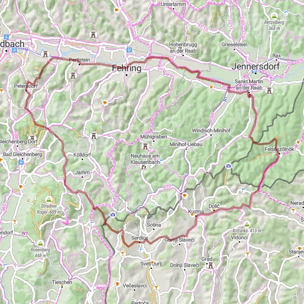 Map miniature of "Scenic Gravel Tour around Mühldorf bei Feldbach" cycling inspiration in Steiermark, Austria. Generated by Tarmacs.app cycling route planner