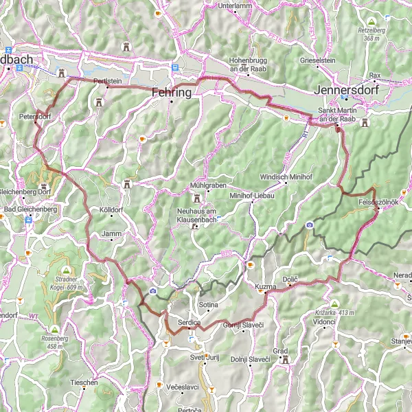 Miniaturní mapa "Gravel Trasa k Felsőszölnök" inspirace pro cyklisty v oblasti Steiermark, Austria. Vytvořeno pomocí plánovače tras Tarmacs.app