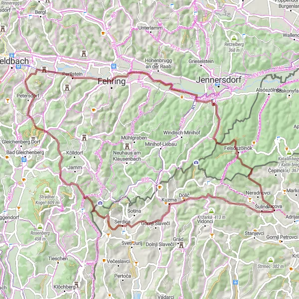 Miniatua del mapa de inspiración ciclista "Exploración de Senderos de Grava" en Steiermark, Austria. Generado por Tarmacs.app planificador de rutas ciclistas
