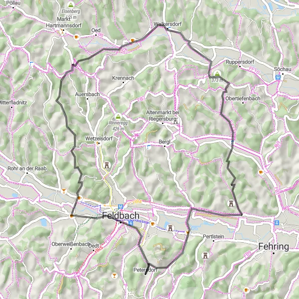 Zemljevid v pomanjšavi "Kratka kolesarska tura od Mühldorfa pri Feldbachu" kolesarske inspiracije v Steiermark, Austria. Generirano z načrtovalcem kolesarskih poti Tarmacs.app