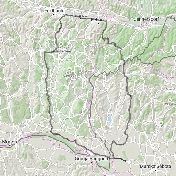 Miniature de la carte de l'inspiration cycliste "Tour de Fehring à Sonnenuhr" dans la Steiermark, Austria. Générée par le planificateur d'itinéraire cycliste Tarmacs.app