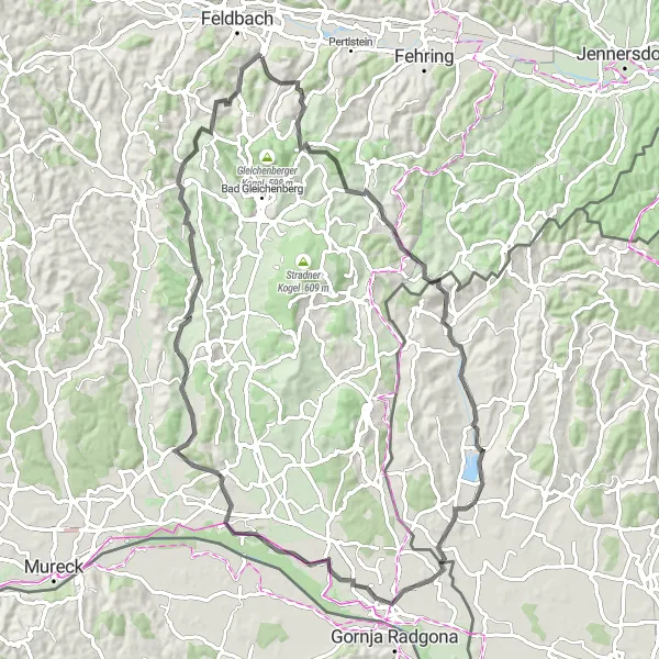 Map miniature of "Feldbach and Halbenrain Loop" cycling inspiration in Steiermark, Austria. Generated by Tarmacs.app cycling route planner