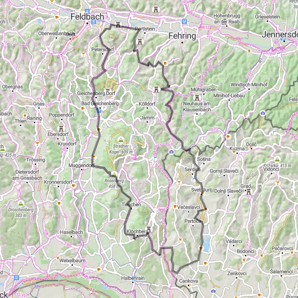 Miniatura della mappa di ispirazione al ciclismo "Esplorazione in bicicletta tra castelli e borghi pittoreschi" nella regione di Steiermark, Austria. Generata da Tarmacs.app, pianificatore di rotte ciclistiche