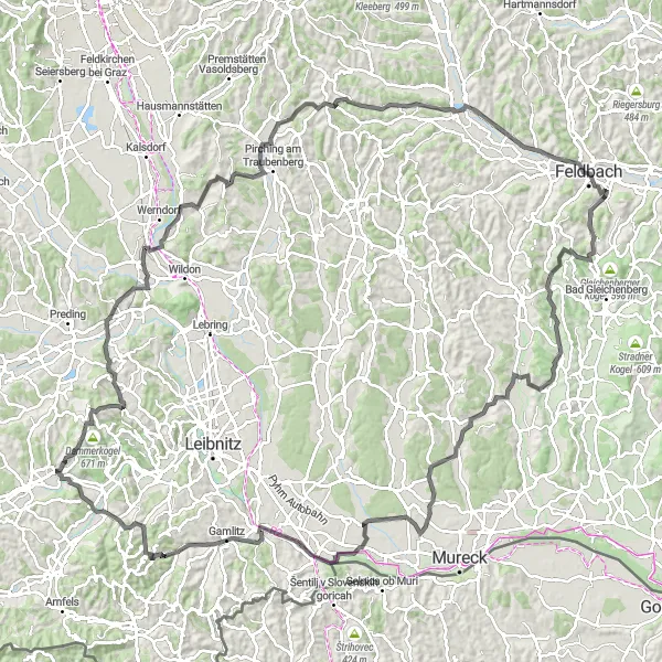 Miniatura della mappa di ispirazione al ciclismo "Tour ciclistico su strada tra paesaggi e borghi" nella regione di Steiermark, Austria. Generata da Tarmacs.app, pianificatore di rotte ciclistiche