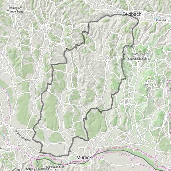 Zemljevid v pomanjšavi "100-kilometrska kolesarska avantura od Mühldorfa pri Feldbachu" kolesarske inspiracije v Steiermark, Austria. Generirano z načrtovalcem kolesarskih poti Tarmacs.app