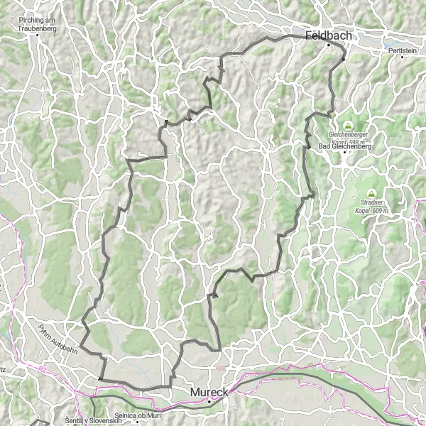 Karten-Miniaturansicht der Radinspiration "Rund um Mühldorf und Feldbach" in Steiermark, Austria. Erstellt vom Tarmacs.app-Routenplaner für Radtouren