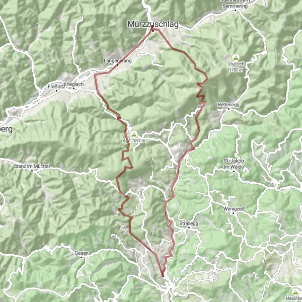Miniatua del mapa de inspiración ciclista "Ruta Épica por las Montañas de Estiria en Bicicleta de Grava" en Steiermark, Austria. Generado por Tarmacs.app planificador de rutas ciclistas
