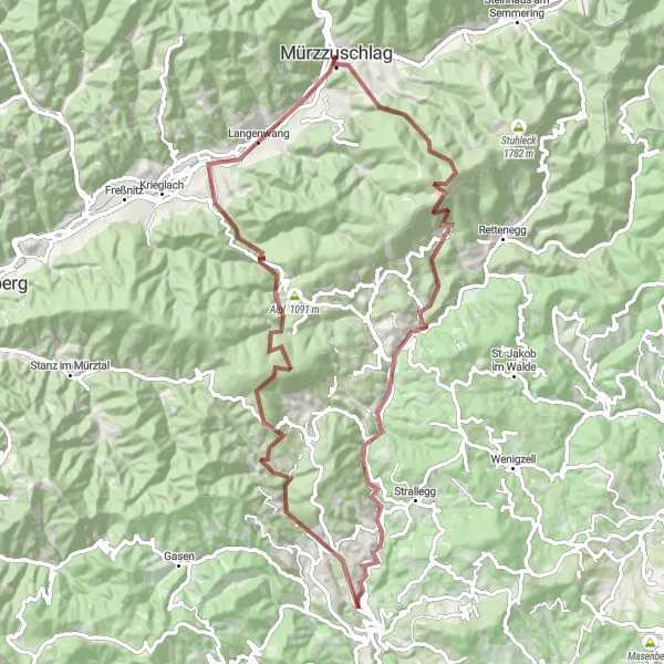 Miniaturekort af cykelinspirationen "Grusveje og Natur Eventyr Gravel Cykel Rute" i Steiermark, Austria. Genereret af Tarmacs.app cykelruteplanlægger