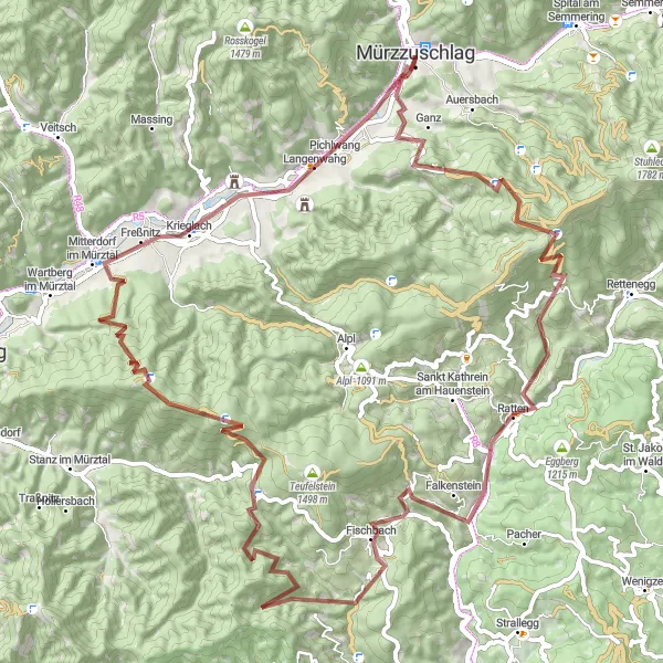 Mapa miniatúra "Gravel cyklistická trasa okolo Mürzzuschlag" cyklistická inšpirácia v Steiermark, Austria. Vygenerované cyklistickým plánovačom trás Tarmacs.app