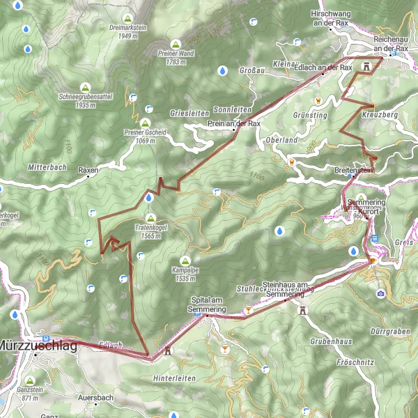 Karttaminiaatyyri "Gravel-kierros Mürzzuschlagista Infoblick Grautschenhofiin" pyöräilyinspiraatiosta alueella Steiermark, Austria. Luotu Tarmacs.app pyöräilyreittisuunnittelijalla