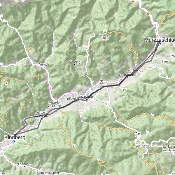 Miniaturní mapa "Kaiserstein Circuit" inspirace pro cyklisty v oblasti Steiermark, Austria. Vytvořeno pomocí plánovače tras Tarmacs.app