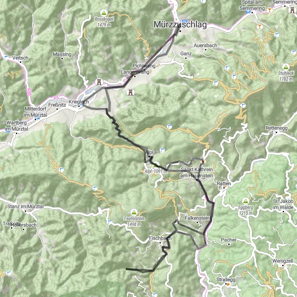 Miniatuurkaart van de fietsinspiratie "Roadtocht naar Alpl en Bergbausiedlung" in Steiermark, Austria. Gemaakt door de Tarmacs.app fietsrouteplanner