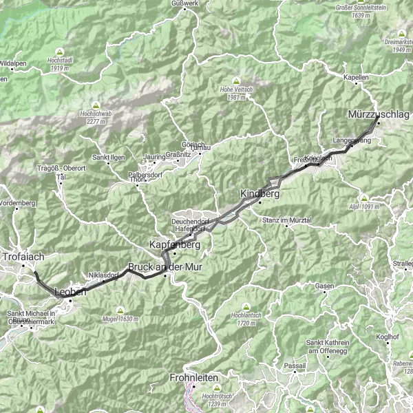 Miniature de la carte de l'inspiration cycliste "Aventure des châteaux et des montagnes" dans la Steiermark, Austria. Générée par le planificateur d'itinéraire cycliste Tarmacs.app