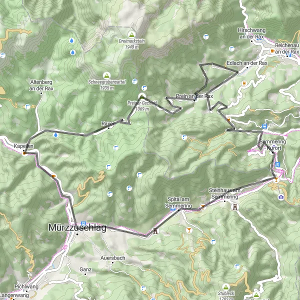 Mapa miniatúra "Trasa Mürzzuschlag - Infoblick Grautschenhof" cyklistická inšpirácia v Steiermark, Austria. Vygenerované cyklistickým plánovačom trás Tarmacs.app