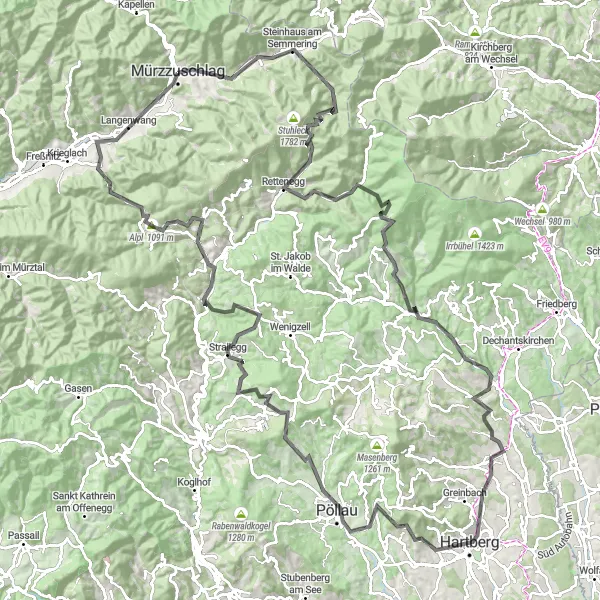 Karten-Miniaturansicht der Radinspiration "Die Straße der Herausforderungen" in Steiermark, Austria. Erstellt vom Tarmacs.app-Routenplaner für Radtouren