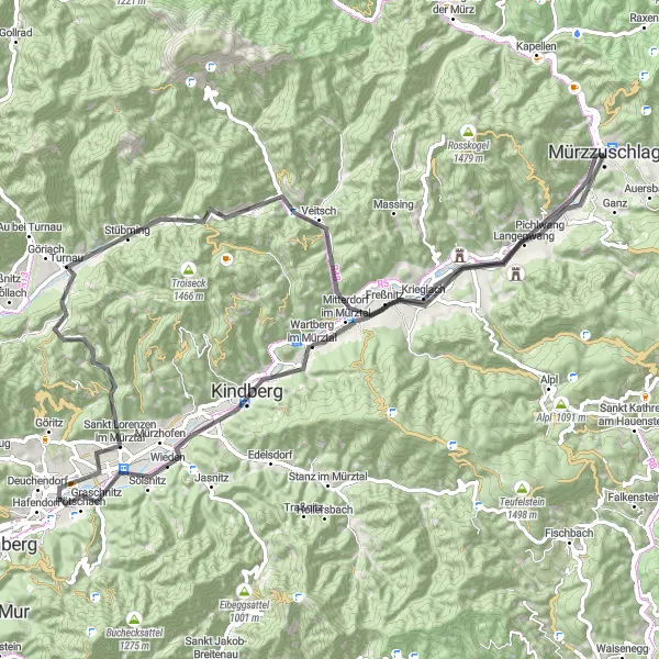 Miniatua del mapa de inspiración ciclista "Ruta Escénica a Veitsch y Burgruine Hohenwang" en Steiermark, Austria. Generado por Tarmacs.app planificador de rutas ciclistas