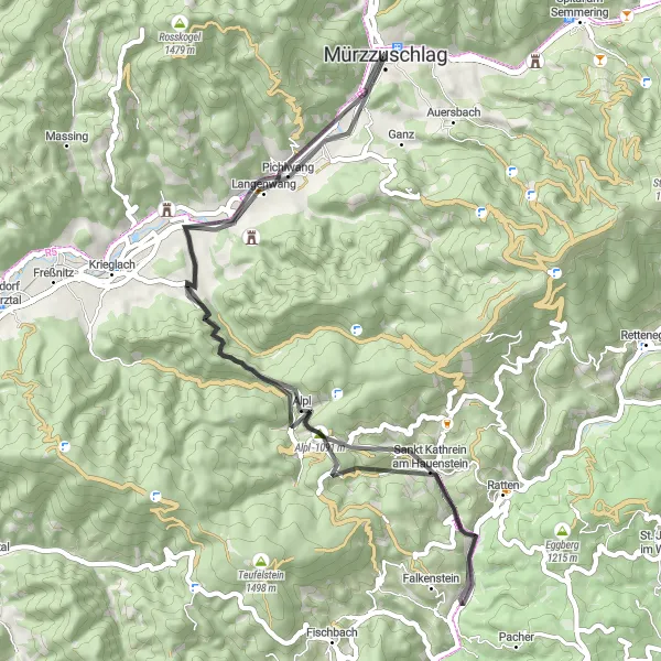 Miniatua del mapa de inspiración ciclista "Camino por carretera a Alpl y Ganzstein" en Steiermark, Austria. Generado por Tarmacs.app planificador de rutas ciclistas