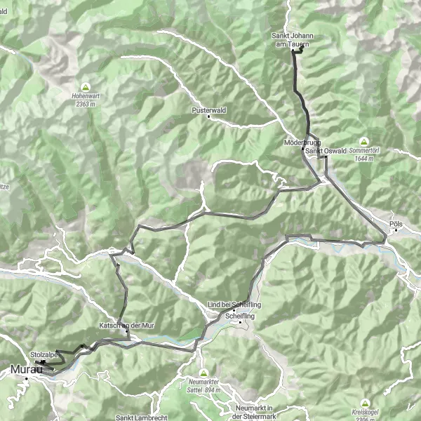 Karttaminiaatyyri "Murau - Katsch - Oberwölz - Bocksruck - Franz-Josephs-Höhe - Sankt Johann am Tauern - Schloss Sauerbrunn - Raningerkogel - Niederwölz - Predigtstuhl - Eggerbügl - Triebendorf Loop" pyöräilyinspiraatiosta alueella Steiermark, Austria. Luotu Tarmacs.app pyöräilyreittisuunnittelijalla