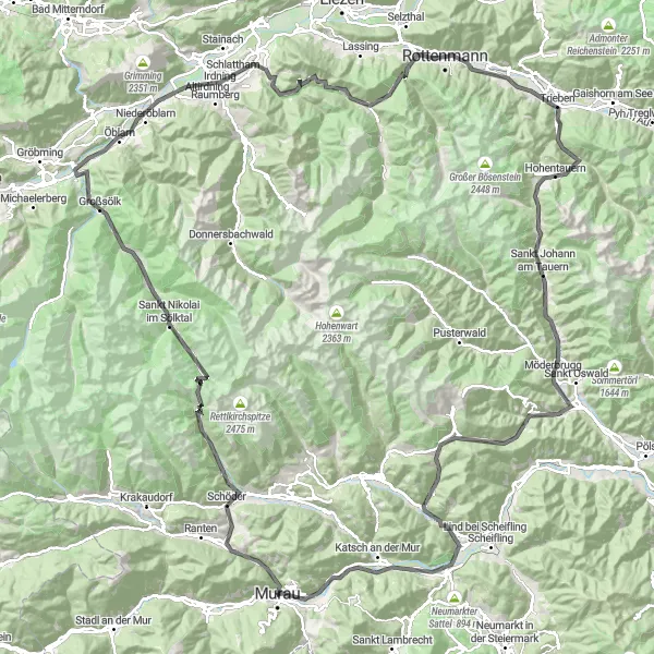 Miniatura della mappa di ispirazione al ciclismo "Ciclovia della Sölkpass" nella regione di Steiermark, Austria. Generata da Tarmacs.app, pianificatore di rotte ciclistiche