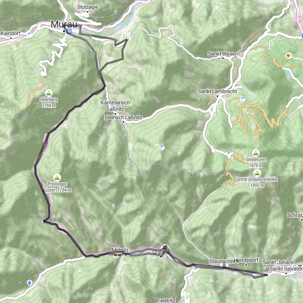 Mapa miniatúra "Cyklotúra do Maria Höfl" cyklistická inšpirácia v Steiermark, Austria. Vygenerované cyklistickým plánovačom trás Tarmacs.app